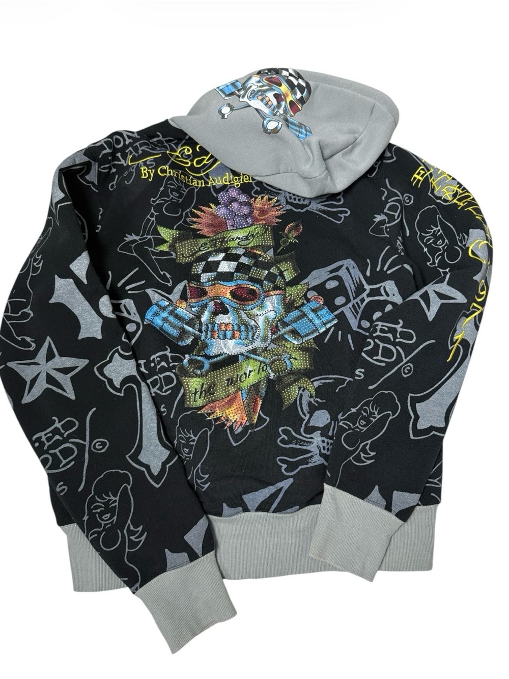 Y2K Vintage Ed Hardy Skull Piston Rhinestone hoodie sweatshirt jacket